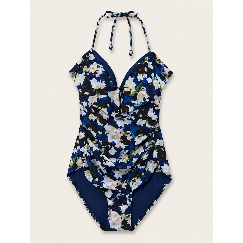 Nicole Miller Studio Blue Floral Halter One Piece Swimsuit Ruffle NMSOP-221KH L